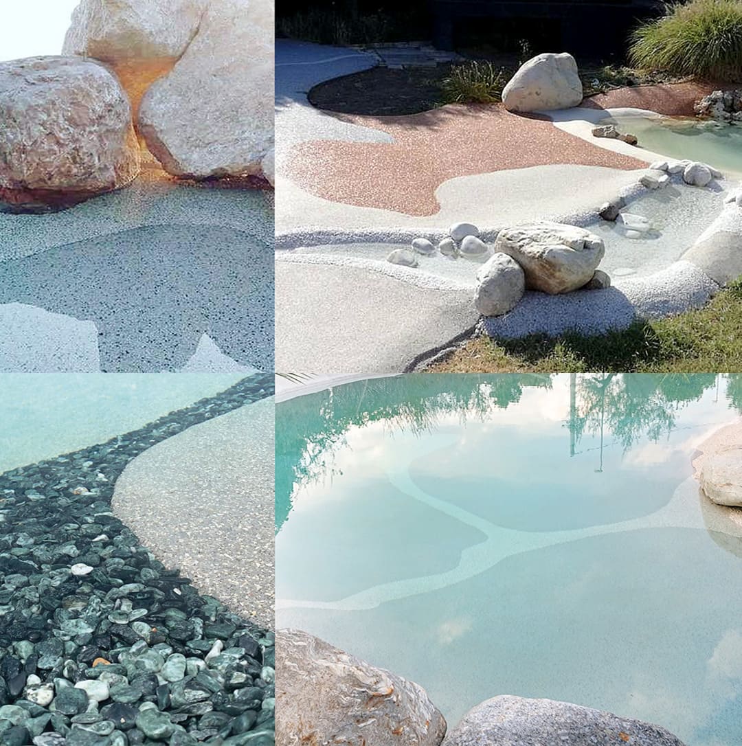 4 exemples de finitions de piscine en quartz et marbres colorés