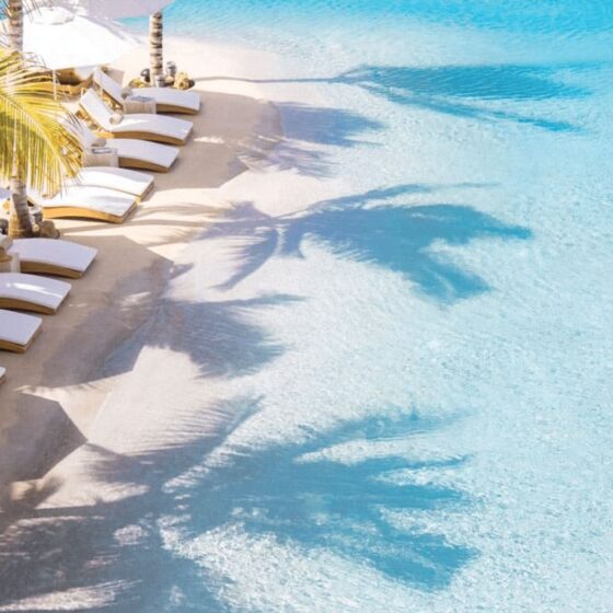 Piscine d'hotel en quartz blanc se jetant dans la mer des caraibes. Chaises longues, parasols et palmiers