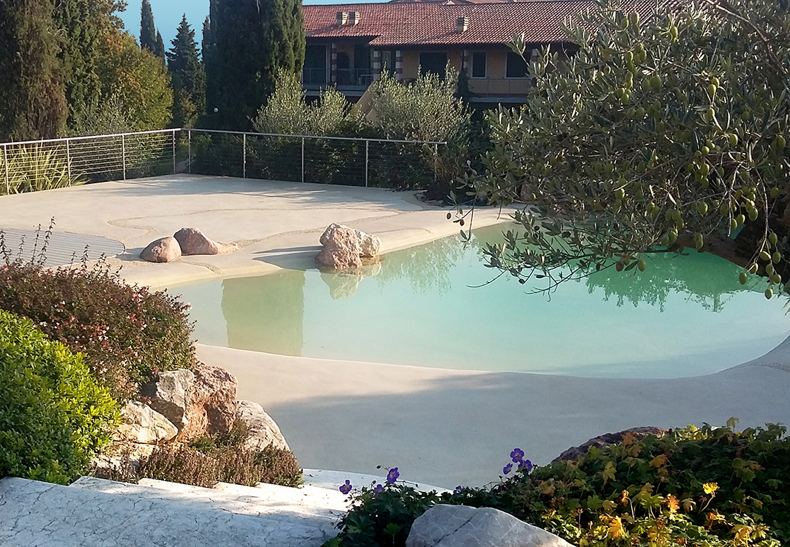 piscine naturelle avec grande plage près d'une maison ancienne dans un jardin paysager