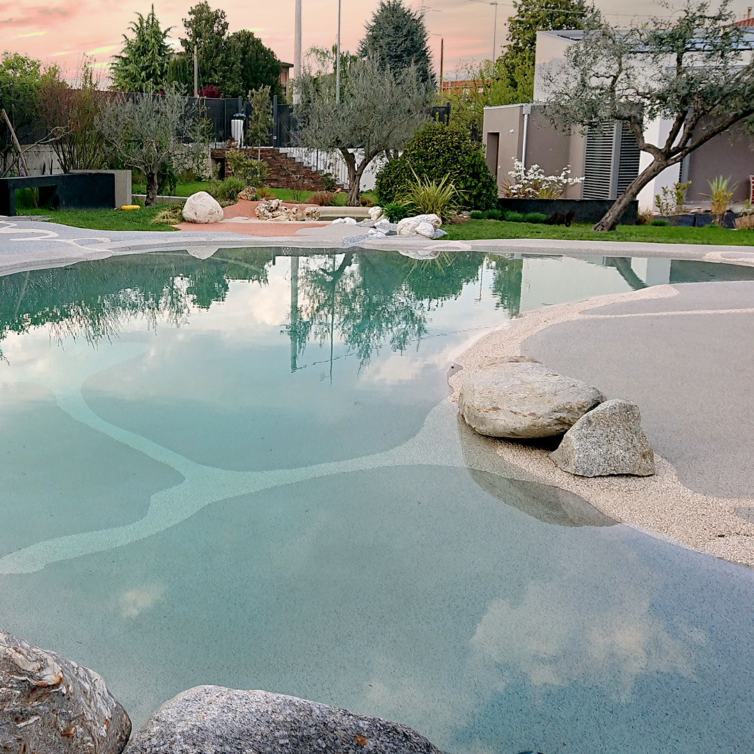 piscine naturelle dans un jardin paysagé