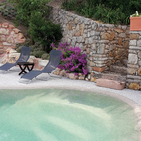 piscine naturelle dans le sud de la France avec muret de pierre
